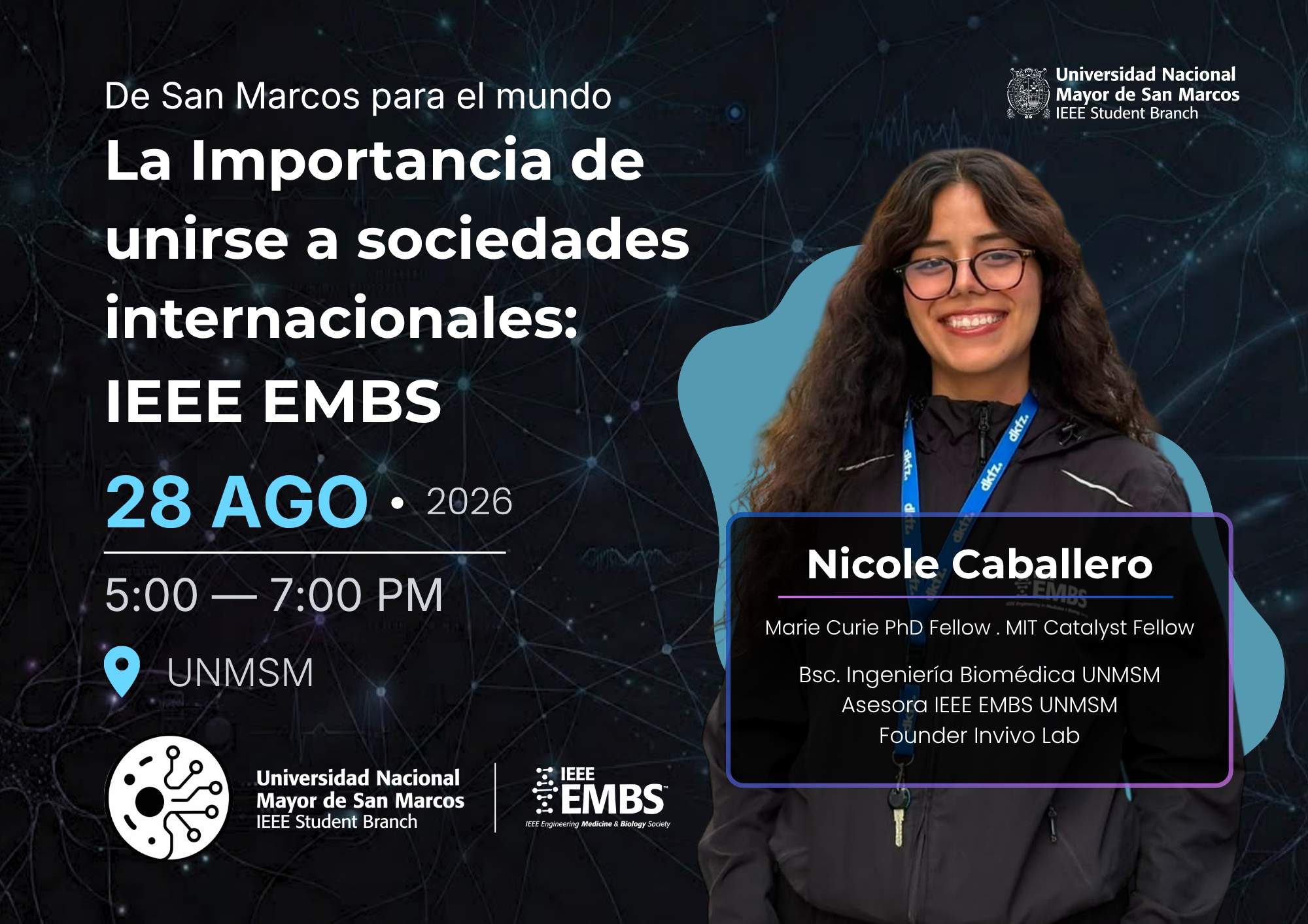 Flyer de la ponencia La importancia de unirse a sociedades internacionales IEEE EMBS, 28 de agosto de 2026 en UNMSM
